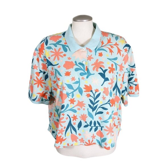 Nike Dri Fit Cropped Polo Shirt Women Size XL Hawaiian Floral Cotton Athletic - Picture 1 of 8